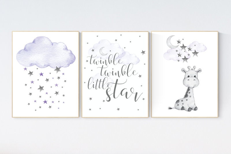 Nursery wall art girl giraffe, Nursery decor girl purple, lilac nursery decor, twinkle twinkle little star, lavender nursery, cloud and star