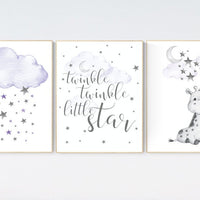 Nursery wall art girl giraffe, Nursery decor girl purple, lilac nursery decor, twinkle twinkle little star, lavender nursery, cloud and star