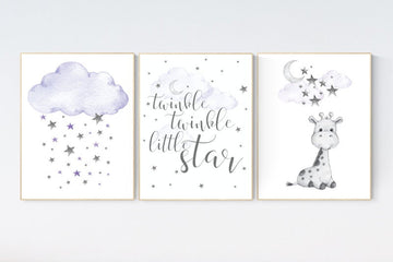 Nursery wall art girl giraffe, Nursery decor girl purple, lilac nursery decor, twinkle twinkle little star, lavender nursery, cloud and star
