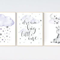 Nursery wall art girl giraffe, Nursery decor girl purple, lilac nursery decor, lavender nursery, cloud and star nursery, giraffe print