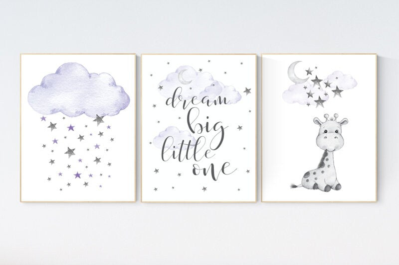 Nursery wall art girl giraffe, Nursery decor girl purple, lilac nursery decor, lavender nursery, cloud and star nursery, giraffe print