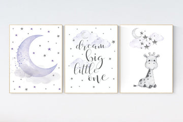 Nursery wall art girl giraffe, Nursery decor girl purple, lilac nursery decor lavender nursery, moon and stars nursery, dream big little one