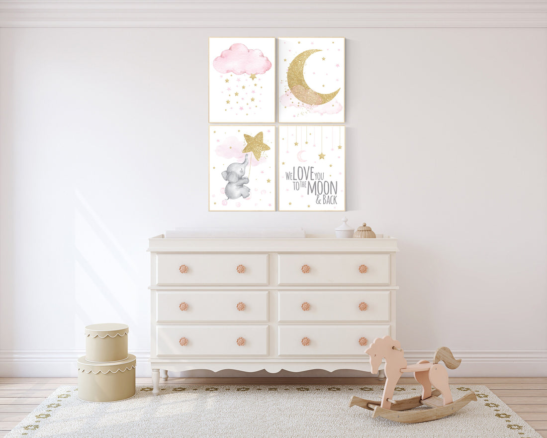 Nursery decor girl elephant, pink and gold nursery, we love you to the moon and back, pink nursery art, cloud and stars, baby room decor