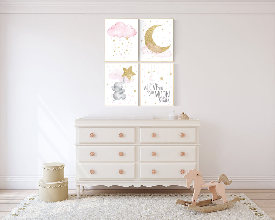 Nursery decor girl elephant, pink and gold nursery, we love you to the moon and back, pink nursery art, cloud and stars, baby room decor