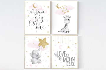 Pink and gold nursery, animal prints, elephant, giraffe, Nursery decor girl, we love you to the moon and back, moon, cloud and stars