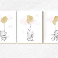 Nursery decor girl, elephant balloon print, nursery wall art girl elephant, gold and pink nursery decor, gold nursery art, nursery prints