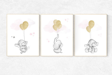 Nursery decor girl, elephant balloon print, nursery wall art girl elephant, gold and pink nursery decor, gold nursery art, nursery prints