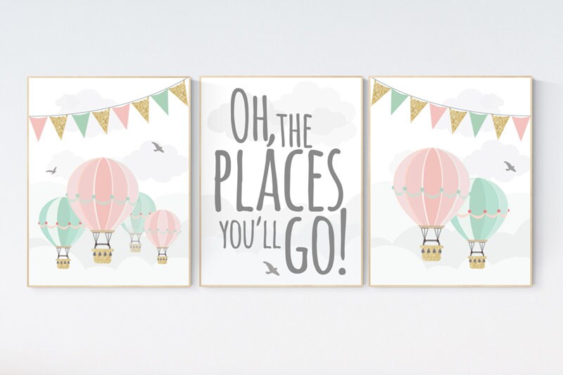 Pink, mint, gold nursery decor, nursery wall art girl, Pink, mint, gold, nursery art girl, hot air balloon nursery oh the places you&