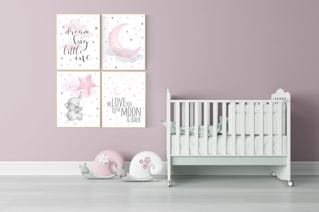 Nursery decor girl pink and gray, elephant nursery, nursery decor girl pink, we love you to the moon and back, moon and star nursery