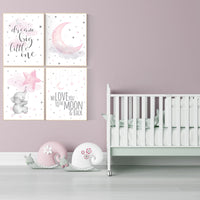 Nursery decor girl pink and gray, elephant nursery, nursery decor girl pink, we love you to the moon and back, moon and star nursery