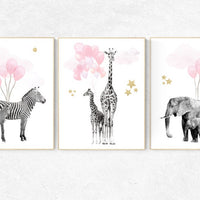 Animal prints for nursery, Pink gold Nursery, Safari Nursery, watercolor animals, woodland animals, Nursery decor elephant, zebra, giraffe