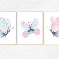 Nursery decor girl butterfly, pink and mint nursery, pink teal nursery, girl room prints, baby girl nursery wall art butterfly wall art pink