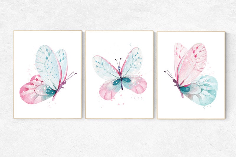 Nursery decor girl butterfly, pink and mint nursery, pink teal nursery, girl room prints, baby girl nursery wall art butterfly wall art pink