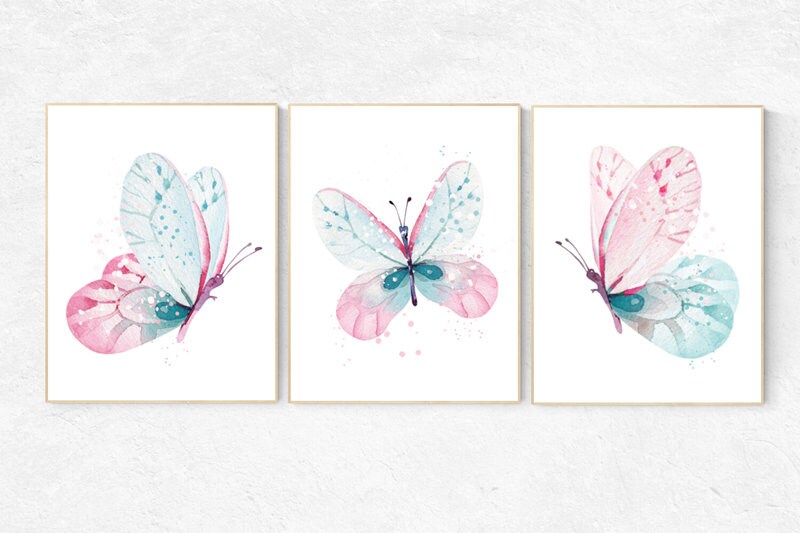 Nursery decor girl butterfly, pink and mint nursery, mint pink nursery, girl room prints, baby girl nursery wall art butterfly wall art pink