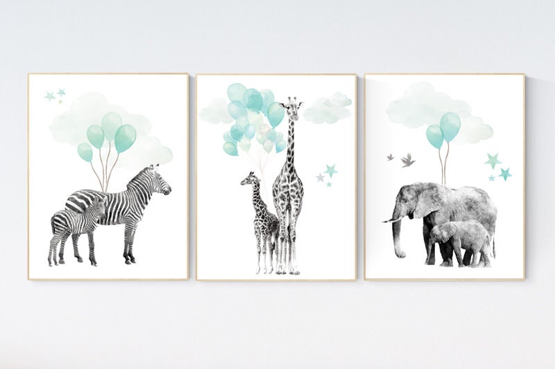 Safari nursery wall decor, teal, Nursery decor animals, gender neutral nursery, safari animal prints, zebra, elephant, safari animal balloon