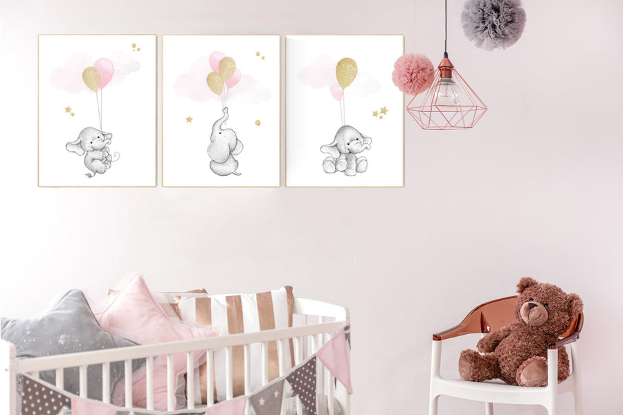 Nursery decor girl, gold and pink nursery decor, elephant balloon print, nursery wall art girl elephant, , gold nursery art, nursery prints
