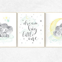 Mint and yellow nursery, nursery wall art neutral, moon and stars nursery, baby room decor, dream big little one, gender neutral nursery art