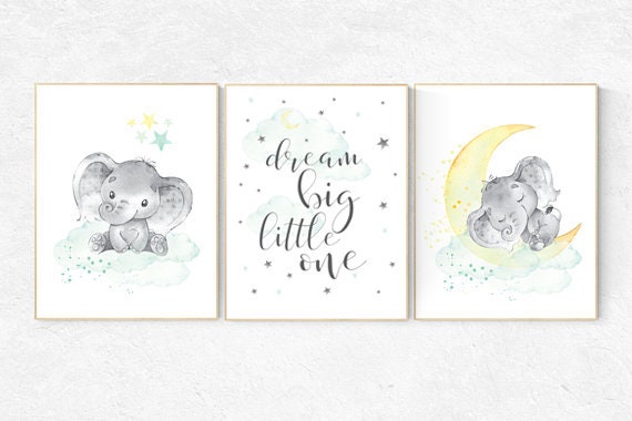 Mint and yellow nursery, nursery wall art neutral, moon and stars nursery, baby room decor, dream big little one, gender neutral nursery art