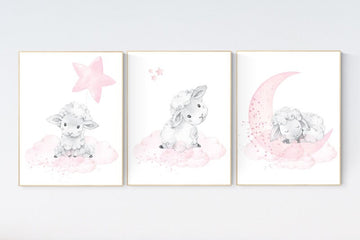 Sheep nursery decor, Nursery decor girl, nursery decor lambs, nursery wall art sheep, moon and cloud wall art nursery, girl nursery decor