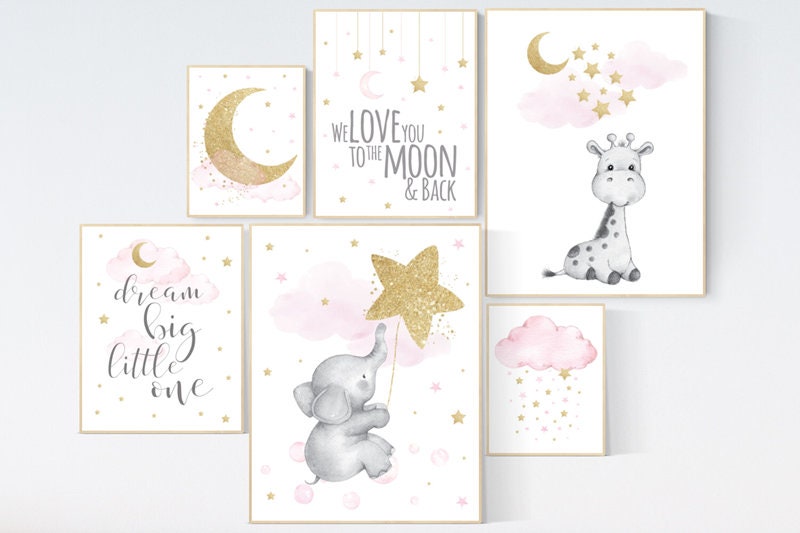 Nursery wall art girl, giraffe nursery, baby room decor girl gold and pink, we love you to the moon and back, moon and stars, elephant