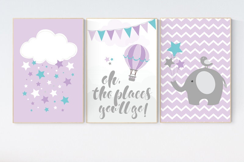 Nursery decor girl, purple aqua, purple mint, oh the places you&