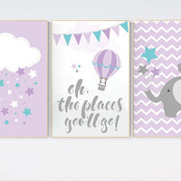 Nursery decor girl, purple aqua, purple mint, oh the places you'll go, elephant nursery, hot air balloon, elephant nursery, lilac, lavender