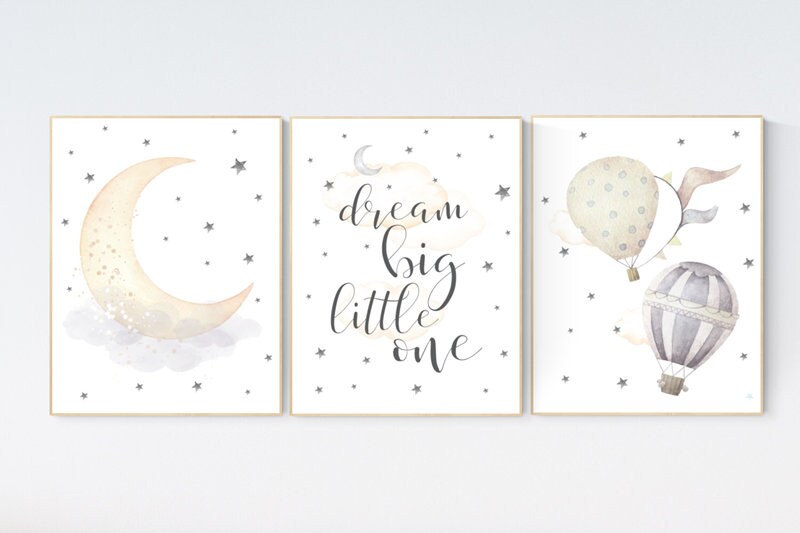 Nursery decor bear, nursery decor neutral, hot air balloon nursery art, dream big little one, moon and stars, neutral colors nursery decor