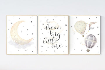 Nursery decor bear, nursery decor neutral, hot air balloon nursery art, dream big little one, moon and stars, neutral colors nursery decor