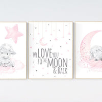 We love you to the moon and back, Nursery decor girl, Sheep nursery decor, nursery decor lambs, , nursery wall art sheep, moon and cloud