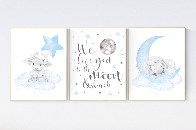 Nursery decor boy, nursery decor lambs, Sheep nursery decor, nursery wall art sheep, moon and cloud wall art nursery, boy nursery decor