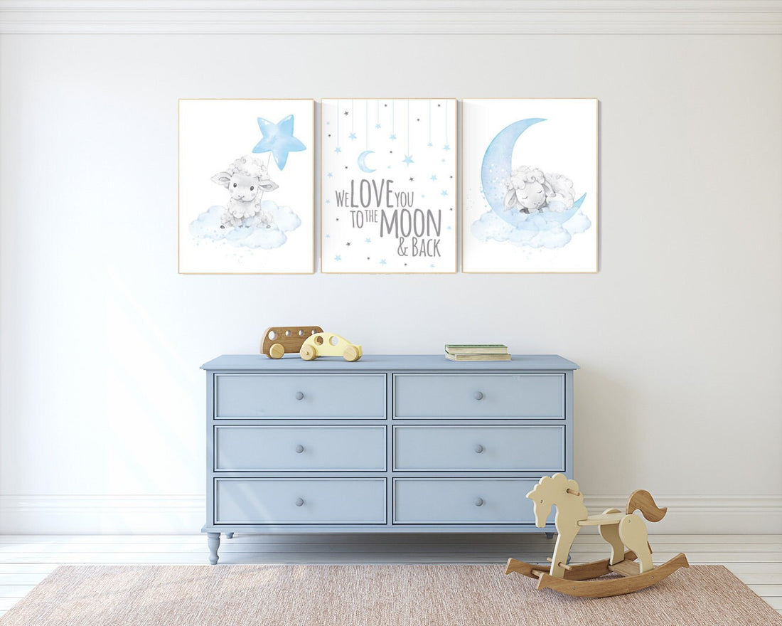 We love you to the moon and back , Nursery decor boy, nursery decor lambs, Sheep nursery decor, nursery wall art sheep, moon and cloud, boy
