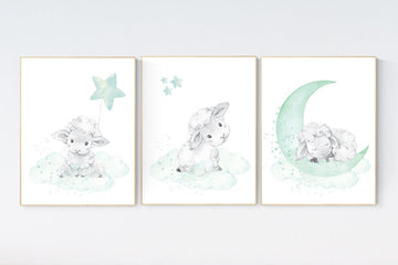 Mint nursery decor, nursery decor lambs, Sheep nursery decor, nursery wall art sheep, gender neutral nursery, cloud and star, mint green