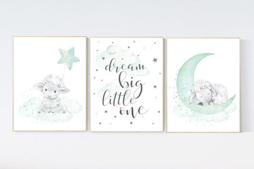 Mint nursery decor, nursery decor lambs, Sheep nursery decor, nursery wall art sheep, gender neutral nursery, cloud and star, mint green