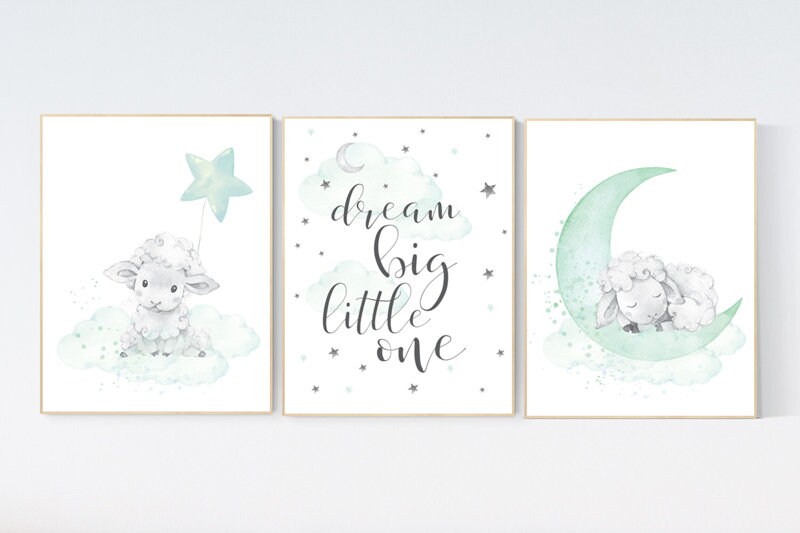 Mint nursery decor, nursery decor lambs, Sheep nursery decor, nursery wall art sheep, gender neutral nursery, cloud and star, mint green