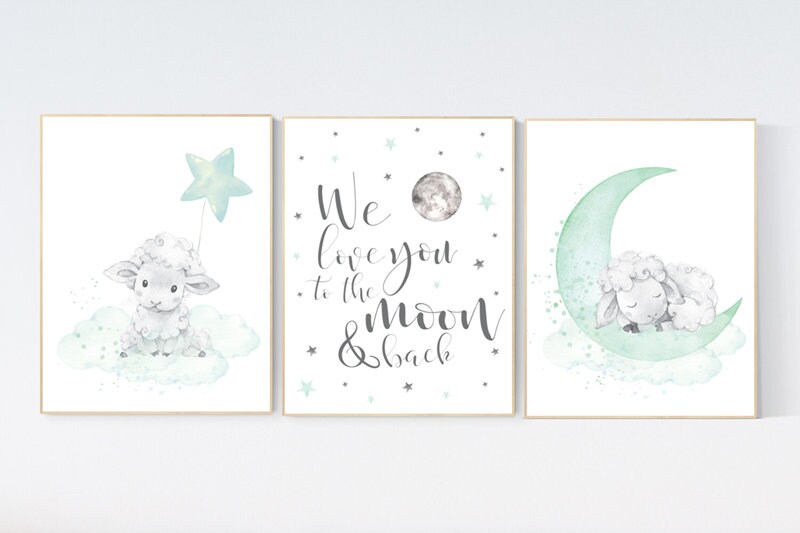 Mint nursery decor, nursery decor lambs, Sheep nursery decor, nursery wall art sheep, gender neutral nursery, cloud and star, mint green