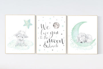 Mint nursery decor, nursery decor lambs, Sheep nursery decor, nursery wall art sheep, gender neutral nursery, cloud and star, mint green
