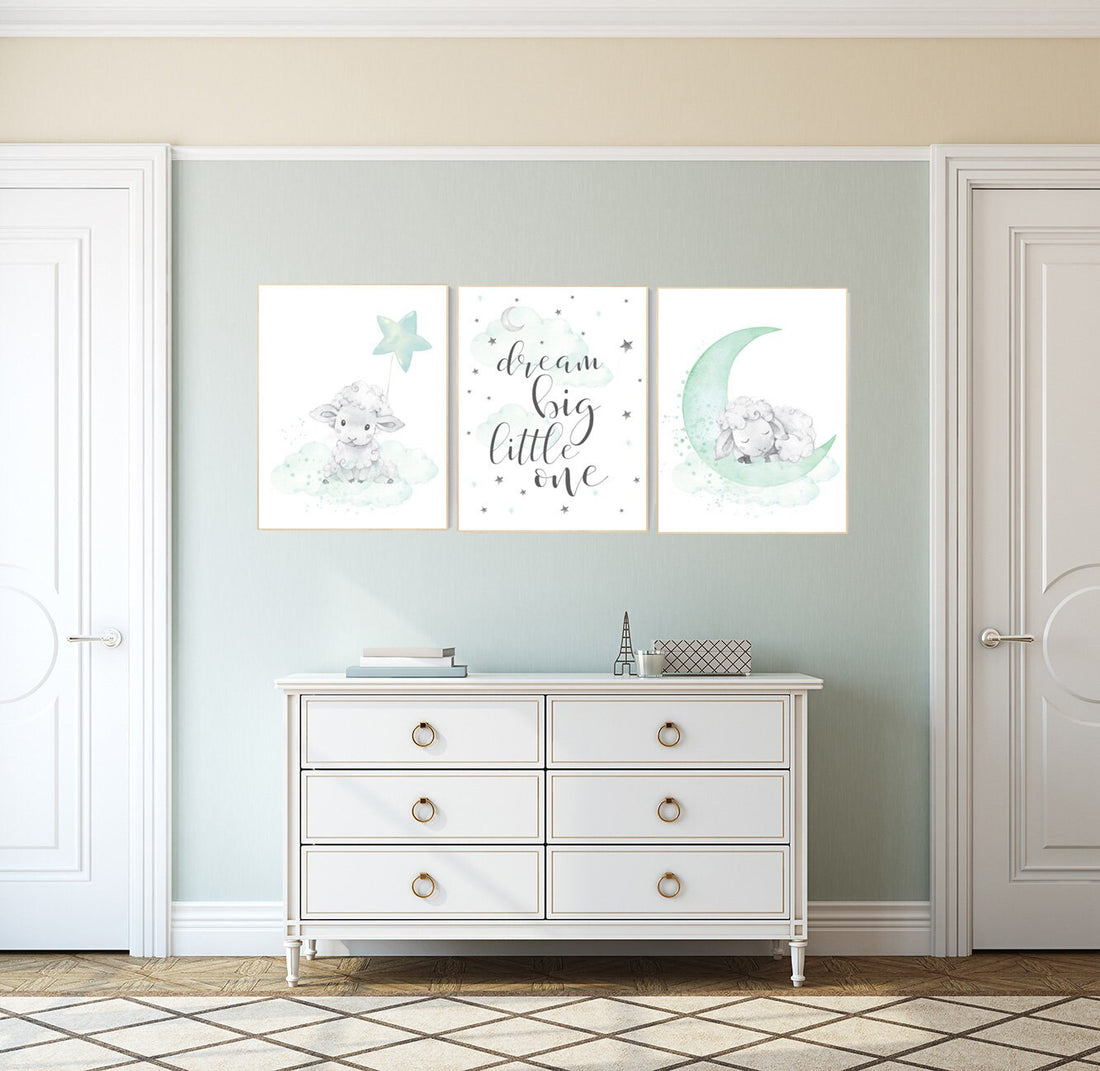 Mint nursery decor, nursery decor lambs, Sheep nursery decor, nursery wall art sheep, gender neutral nursery, cloud and star, mint green