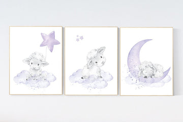 Nursery decor girl purple, nursery decor girl, nursery decor lambs, Sheep nursery decor, nursery wall art sheep, lavender and gray, lilac