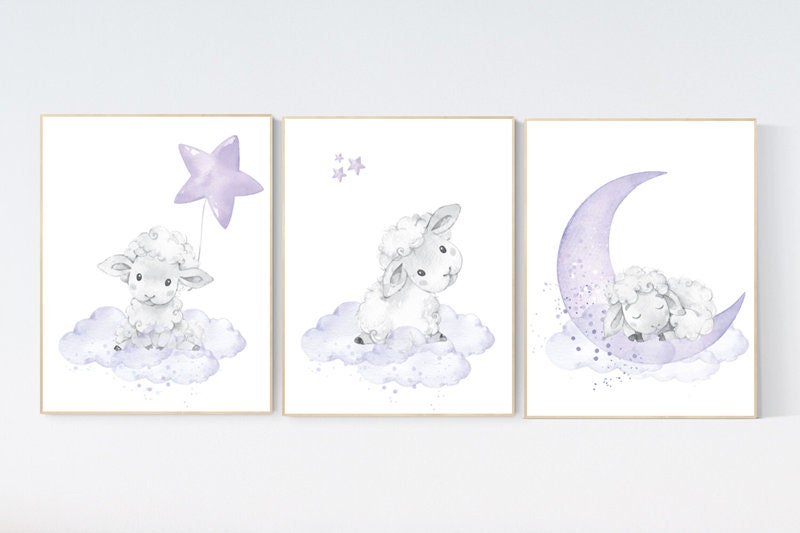 Nursery decor girl purple, nursery decor girl, nursery decor lambs, Sheep nursery decor, nursery wall art sheep, lavender and gray, lilac