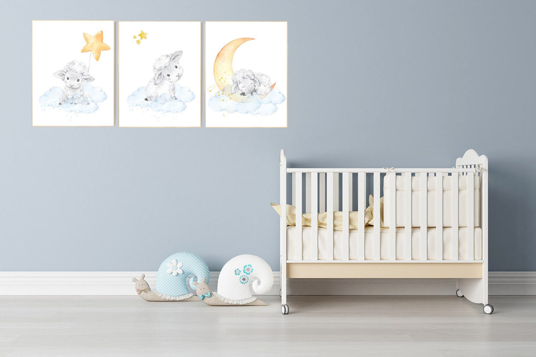 Nursery decor lambs, Sheep nursery decor, nursery wall art sheep, nursery decor neutral, , cloud and stars, moon and stars, gender neutral