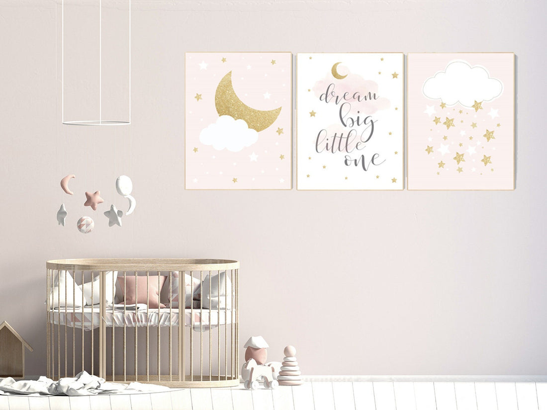 Pink gold nursery art, dream big little one, blush pink nursery decor, pink and gold, rose nursery wall art, nursery decor pink, girls room