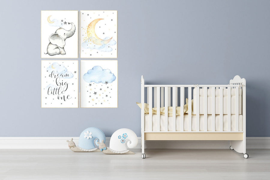 Nursery decor elephant, dream big little one, cloud nursery decor, Nursery decor neutral moon and stars nursery moon nursery, gender neutral