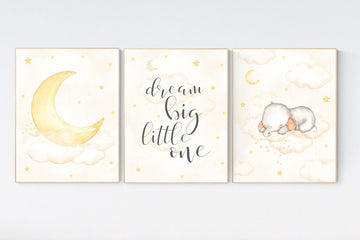 Nursery wall art neutral, Nursery decor elephant, gender neutral, dream big little one, yellow nursery, cloud and stars, moon nursery art