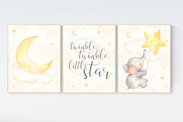 Cloud and stars nursery, Nursery wall art elephant, Nursery decor neutral, gender neutral, twinkle twinkle little star, yellow nursery, moon