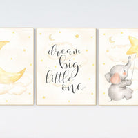 Cloud and stars nursery, Nursery wall art elephant, Nursery decor neutral, gender neutral, twinkle twinkle little star, yellow nursery, moon