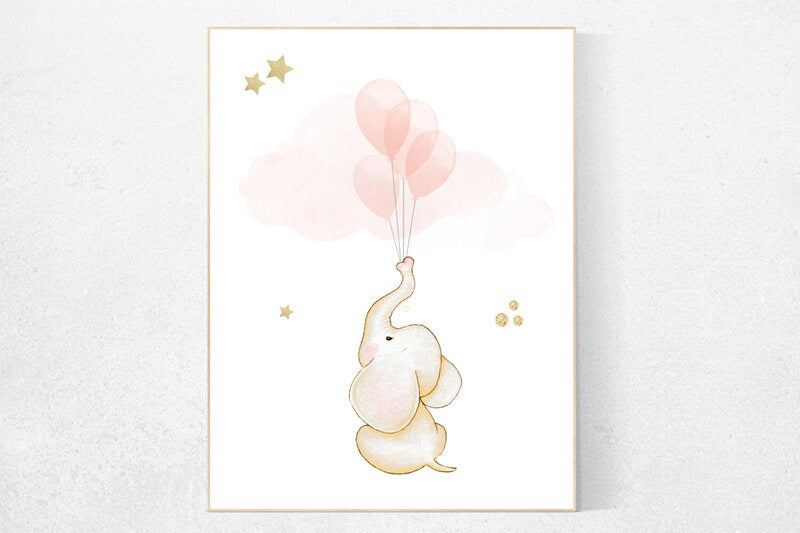 Blush nursery, elephant nursery, girl nursery room wall decor, blush gold, elephant balloon, nursery prints elephant, girl nursery ideas