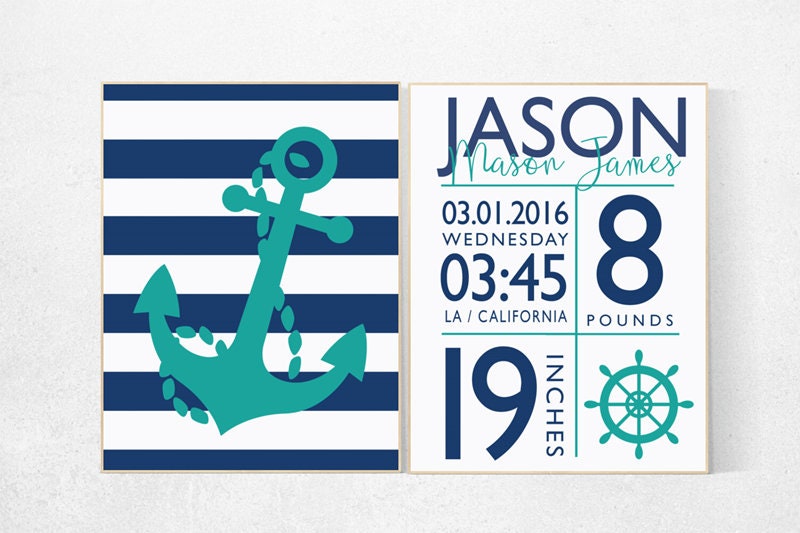 Nursery wall art nautical, Nursery decor boy nautical, nursery decor boy name, navy nursery, navy and teal, navy teal nursery, birth stats