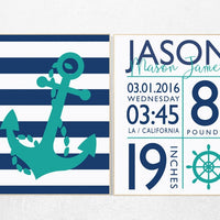 Nursery wall art nautical, Nursery decor boy nautical, nursery decor boy name, navy nursery, navy and teal, navy teal nursery, birth stats