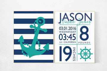 Nursery wall art nautical, Nursery decor boy nautical, nursery decor boy name, navy nursery, navy and teal, navy teal nursery, birth stats