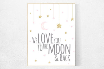 Nursery decor girl, pink and gold nursery, we love you to the moon and back, pink nursery art, cloud and stars, baby room decor